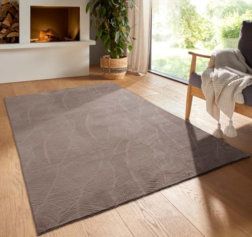 Taracarpet Kurzflor Boho Skandi Polyester Teppich in 3D Optik waschbar, pflegeleicht und robust ideal fürs Wohnzimmer, Schlafzimmer und Kinderzimmer auch als Badematte Taupe Blätter 080 cm rund