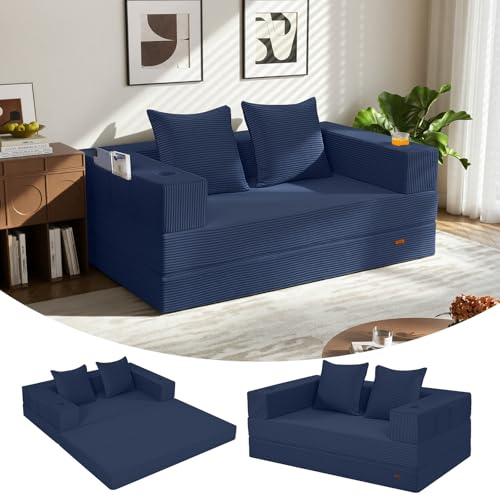 COMAX Futon Sofa Bed, 4‑in‑1 Convertible Sofa Bed, Folding Boneless Couches for Living Room, Fold Out Small Foldable Loveseat Floor Sleeper Comfy Mattress Lounge Space‑Saving, Navy Blue