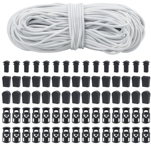 OLYCRAFT 50 m X 3mm Starkes Elastisches Seil Mit 30 Kordelstoppern Und 30 Reißverschluss Zugknöpfen Aus Kunststoff Weiße Robuste Gummiseile Für Heimwerkerprojekte Haushaltsorganisation Und Outdoor