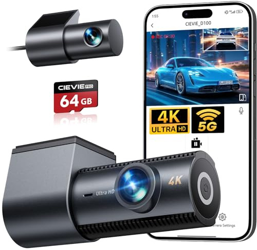 CIEVIE Dashcam Auto Vorne Hinten 4K+1080P, 5.8GHz WLAN mit 170° Weitwinkel | mit 64GB SD Karte, 1,5″ IPS Display, G-Sensor, Mini Dashcam Auto mit Nachtsicht, WDR, Loop-Aufnahme, 24h Parküberwachung