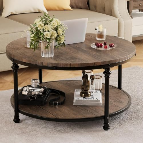 GarveeMore Rustic 2-Tier Round Coffee Table for Living Room