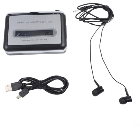 Reproductor de casete portátil y convertidor de MP3 USB | para cubierta de cinta alimentada por batería para digitalizar casetes antiguos a PC | Estilo retro con auriculares | Acabado plateado