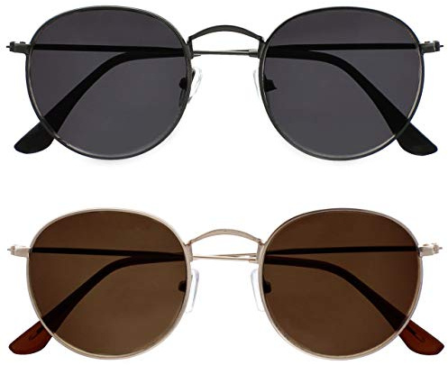 OPULIZE Sol Sonnen Leser Brille 2er Pack Dünner Rand Runde Retro-Metallfassungen Kratzfest Getönte Linse UV400-Schutz Metallgrau Schwarze Gold Braun Herren Damen SS94-79 +1.50