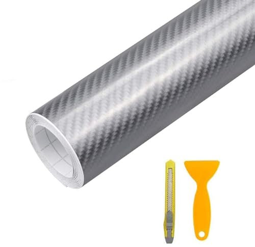 C100AE Carbon Folie Auto 6D Autofolie 300 x 30cm Selbstklebende Kohlefaser Car Wrapping Vinyl Folie Carbonfolie Lackschutzfolie für Auto Motorrad DIY mit Kunststoffschaber (Silber)