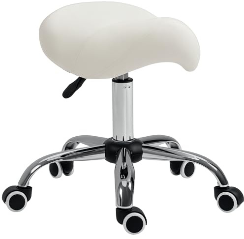 HOMCOM Cosmetic Stool 360° Rotate Height Adjustable Salon Massage Spa Chair Hydraulic Rolling Faux Leather Saddle Stool Mobility, Cream