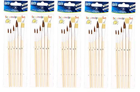 TSI 49106 Schulmalpinsel-Set 6-teilig, Haarpinsel 2,4,6,10 - Borstenpinsel 8,12, Schaft naturbelassen (5)
