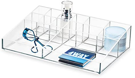 iDesign Maquillaje, Caja colección Exclusiva de Sarah Tanno, Organizador de plástico con 13 apartados para paletas, brochas y más, Transparente, 30,5 x 20,3 x 7,5