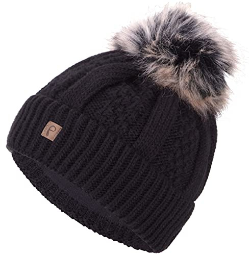 Faera Wintermütze Mütze Damen warm gefüttert Kunstfell Bommelmütze Zopf-Strickmuster Fleecefutter Bommel Winter Herbst Strickmütze Beanie Mädchen 61