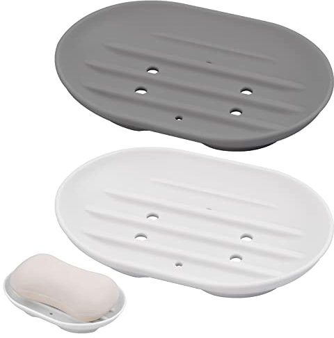 KYSUN 2 Stück Ovale Silikon Seifenschale mit Ablauf, Rutschfest und Robust für Badezimmer, Küche, Dusche, Soft Seifenschalen für Hält Seife Trocken (Weiß + Grau)