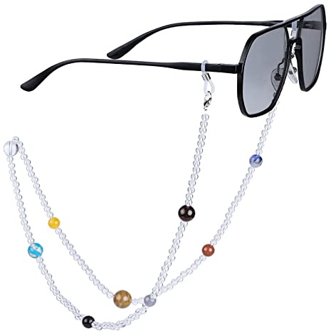 KYEYGWO White Crystal Beaded Glasses Chain with 9 Planets Stones, Eyeglass Holders Around Neck Reading Glasses Chain Astronomy Themed Gifts for Women Men