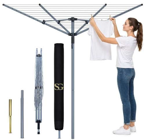 SG 4 Arm 40m Rotary Washing Line Outdoor, Heavy Duty Large Clothes Rotating Airer Dryer Garden use, Easy to Open and Close along with Ground Spike and Cover, Silver (40m)