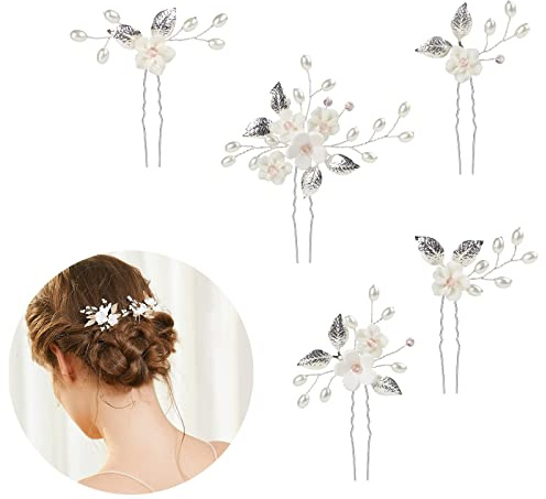 Bridal Hair Pins, 5Pcs Elegant Pearl Hair Pins Wedding Hair Grips, U Shaped Crysta Flower Shape Hairpin for Bridal Bridesmaid, Hair Piece Accessory for Women Girls, Wedding and Ball