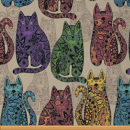 Bunter Katzenstoff Meterware Mandala Blumen Polsterstoff Retro Tier Dekostoff Boho DIY Kunst Drinnen Draußen Stoff Polster und Wohnakzente Lila Grün 276 x 150 (HxB)