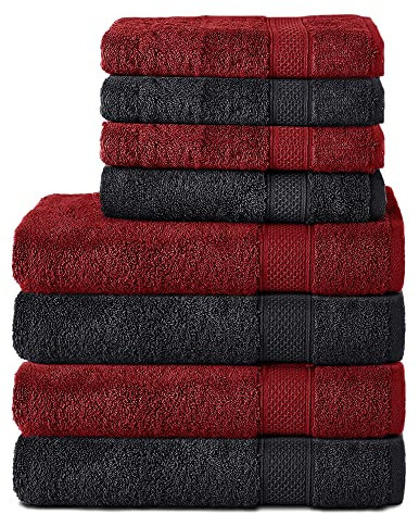Komfortec 8er Handtuch Set aus 100% Baumwolle,4 Badetücher 70x140 Handtücher 50x100 cm,Frottee,Weich,Towel,Groß,Schwarz/Aurorarot,4er-50x100-und-4er-70x140-schwarz-arot,4 Handtücher 4 Badetücher