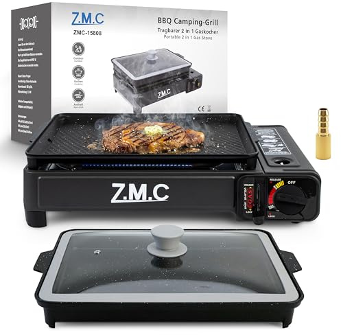Z.M.C Réchaud à gaz et barbecue à gaz 2 en 1 avec plaque de cuisson, poêle, couvercle en verre et mallette | Réchaud de camping pour intérieur et extérieur