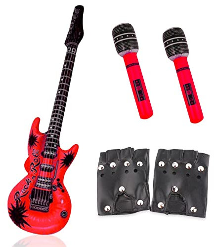 AYNKH Lot de 4 kits de fête punk rocker - Grande guitare gonflable et microphone - Instrument de musique disco des années 80 - Accessoires de costume pour enfants et adultes