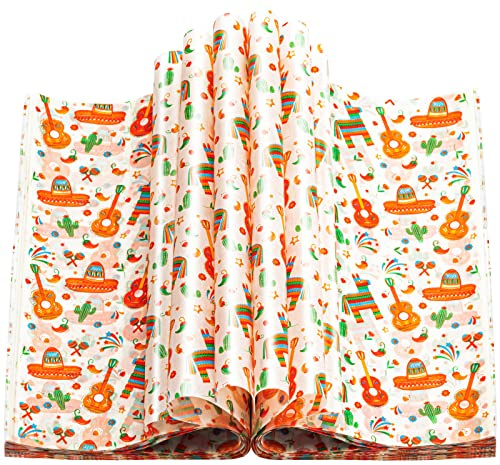 100 Pcs Fiesta Wax Paper for Food, Cinco De Mayo Wax Paper Sheets Deli Paper Sandwich Wrap Candy Wraps, Waterproof Oil-proof Picnic Basket Liners with Guitar Pattern for Kitchen Handmade Food(White)