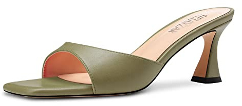 HEUIVZAR Mujer Medio Gatito Heel Abierta Cuadrada Punta Mules Zapatos Slip-on Oficina Fiesta Cute 6.5 CM Heels Verde A 39 EU