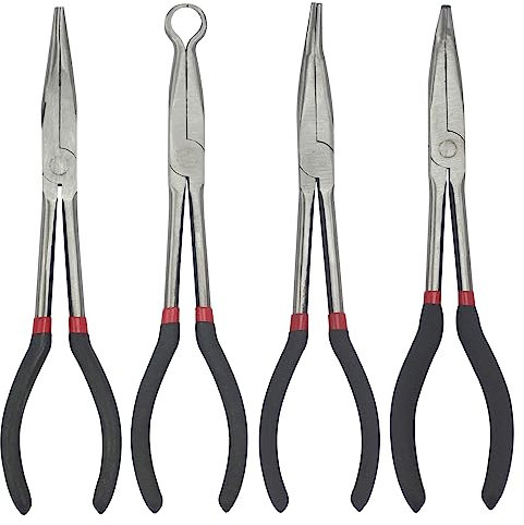 4 Pieces Extra Long Needle Nose Pliers Set 11 Inch Needle Nose Pliers Long Reach Circle Pliers, Straight Long Needle Nose Pliers,45 Degree Nose Pliers and 90 Degree Needle Pliers