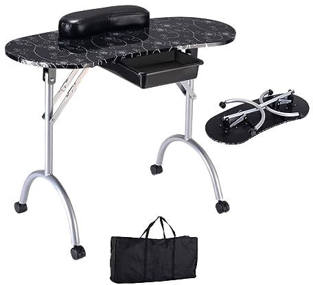 Multigot Manicure Nail Table, Folding Nail Technician Workstation with Drawer, Wrist Pad, Carry Bag & 4 Universal Wheels, Portable Mobile Nail Desk(Black)