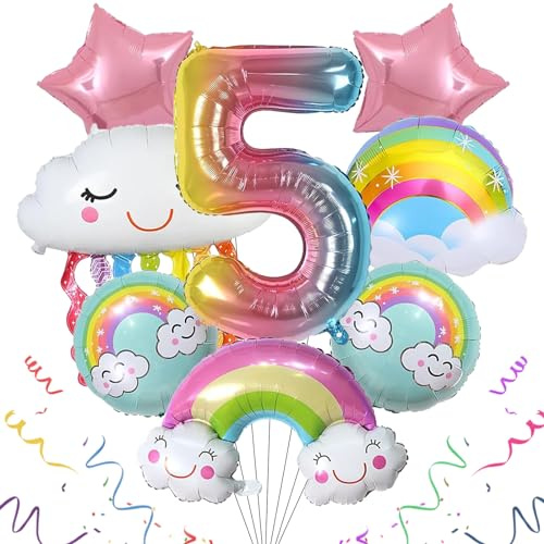 SPHERETRON 8 stycken dekoration födelsedag regnbåge 5 år heliumballong födelsedag ballonger regnbågsballonger nummer 5 tillbehör fest för flickor barn födelsedag fest dekorationer