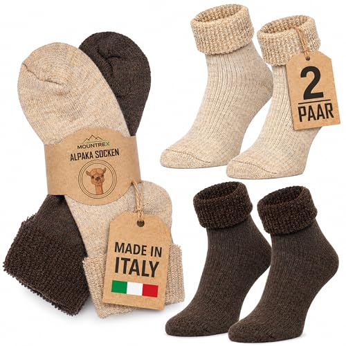 MOUNTREX® Alpaca socks, wool socks for men and women, winter socks, warm house socks, thermal socks, thick, 2 pairs, Beige/Brown - Thermal with Envelope, 43-46