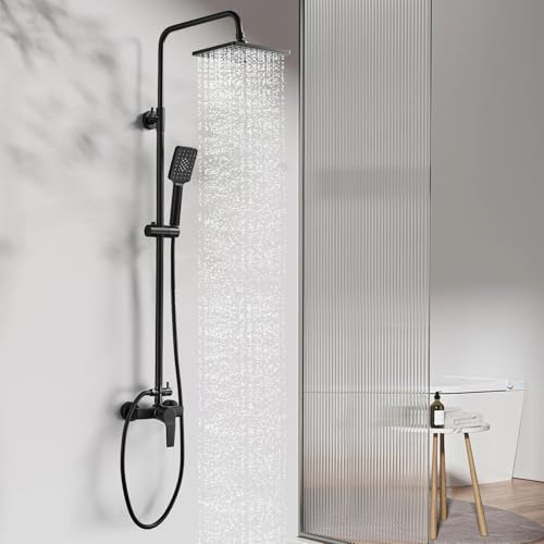 Coleniny Colonne de Douche Noir avec Mitigeur Monocommande, Ensemble de Douche Réglable en Hauteur, Mitigeur Mécanique Set de Douche avec Tête de Douche Ronde 20CM et Douchette 3 Jets en ABS