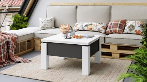 Design Couchtisch Tisch Oslo höhenverstellbar 49 / 76cm aufklappbar 80 / 160cm Esstisch, Farbe:Weiß matt - Anthrazit matt