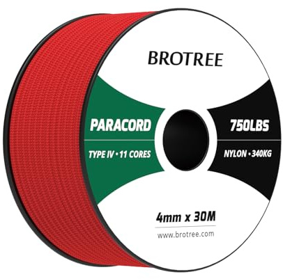 Brotree Paracord 750lb 4mm 30M 100% Nylon Seil Typ 4 Schnur mit 11 Kern für Survival, Camping, Outdoor - 340kg Bruchlast (Rot)