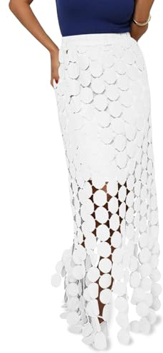 Cicy Bell Maxi Gonna Estiva da Donna, a Vita Alta, con Frange e Orlo a Frange, Bianco, XL