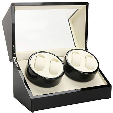 OMGGYER Automatik Uhrenbeweger 4 Uhren Watch Winder Box, Drehen PU Uhrenbox Uhrendreher für Automatikuhren, Armbanduhre Anzeigen Box Uhrengehäuse mit Leisem Motor & Kissen, Schwarz