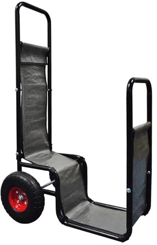 PGL Chariot de bois de chauffage, rangement de roches en bois pour cheminée, extérieur et intérieur, porte-brouette avec gants et pompe, chariot roulant avec déflecteur et tendeurs, support noir