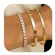 ORAZIO 3Pcs Gold Bracelet for Women 14K Gold Plated Bangle Cuff Tennis Bracelet Adjustable Stacking Bangle Link Chain Bracelets Gold Jewellery Gifts Set for Women