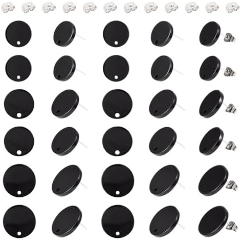 PH PandaHall 30 piezas de aretes redondos planos de resina negra con 40 tuercas de fricción de acero inoxidable para hacer joyas de bricolaje