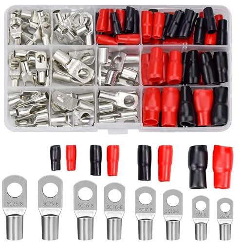 140 Pcs Battery Terminal Connectors Set with Insulating Covers - Heavy Duty Copper Crimp Connectors for Boat & Car, Rust Resistant Wire Connectors, Terminal Rings, SC Cable Lugs