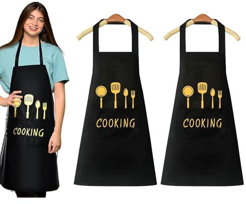 NCCHDZSW Schürze Wasserdicht 2 Stück Kochschürze Schwarz Grillschürze mit 2 Taschen Verstellbare Latzschürze Perfekt für Zuhause Küche Backen Gartenarbeit Restaurant Café Grill