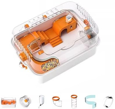 Hamsterkäfig - Chinchillakäfig - Große Villa - Kleines Terrarium aus Acryl - 52 x 36 x 27 cm - Viel Platz, Alles was Man Zum Essen, Trinken und Spielen Braucht(Orange)