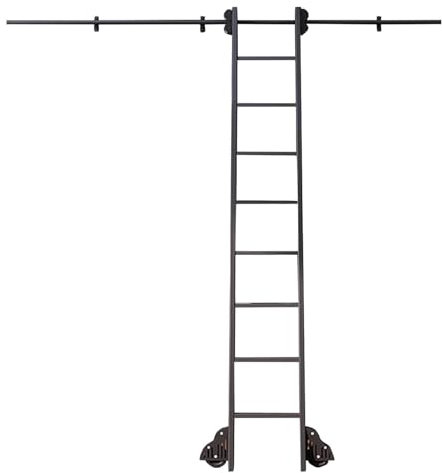 AYVADA Rollbare Bibliotheksleiter-Hardware-Kit, mit Bodenrolle (ohne Leiter), vielseitig einsetzbar für Lofttreppen/Bücherregale, 3,3 bis 24 Fuß, schwarzes Stahlrundrohr, Mobile Schienen, komplette