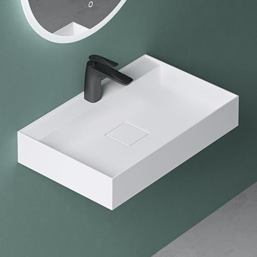 Mai & Mai Bathroom Sink Basin Countertop Basin Wall Hung Wash Basin | Cast Stone Resin Sink Rectangular Matte White | Solid Surface and Drain Cover | WDH：60x38x12cm Col630