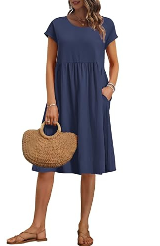 AUSELILY Vestito Estivo da Donna a Maniche Corte Abiti Casual Larghi Abito al Ginocchio con Scollo a Girocollo e Tasche