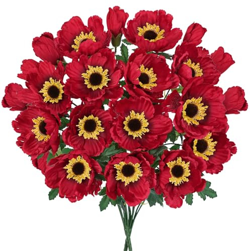 Hollyone 2 Bündel Kunstblume Mohnblumen Künstlich Rot Dekoblume mit 7 Blütenköpfen Seidenblumen wie echt Mohn Blumengesteck für Herbstdeko Party Home Büro Tischdeko