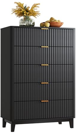 WLIVE Fluted Dresser for Bedroom with 5 Drawers, 46.26 Tall Wooden Dresser with Golden Metal Handles, Mid Century Modern Chest of Drawers for Living Room, Hallway, Closet, Solid Black