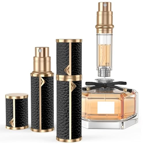 KONNAO 5ML Parfüm Reise Nachfüllbare Flasche, Echtleder Bottom-Füllung Duft Parfüm Zerstäuber, Mini Köln Dispenser, tragbare Sprühtasche Größe für Cruise Car Reise Tasche Geschenk (schwarz)