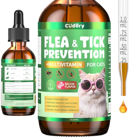 Flea and Tick Prevention for Cats –Cudory Fleas Drops with Multivitamin | Natural Herbal Fleas and Ticks Drops Comfort Itch Allergy Skin & Coat Support for Cat All Breeds & Ages – Bacon Flavor 60ml