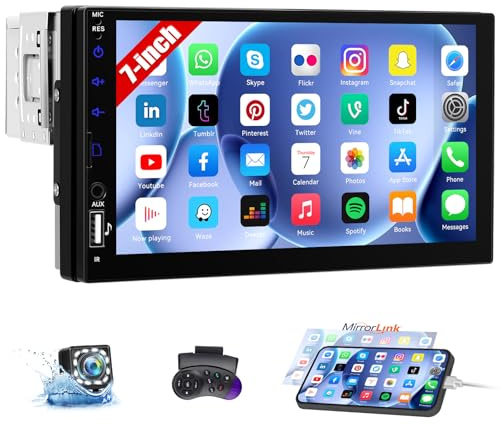 CAMECHO Radio de Coche Bluetooth 1 DIN con Cámara de Marcha atrás, Radio de Coche de Pantalla Táctil de 7 Pulgadas con FM Mirror Link Control de Volante EQ Sonido AUX USB + Botón de Iluminación
