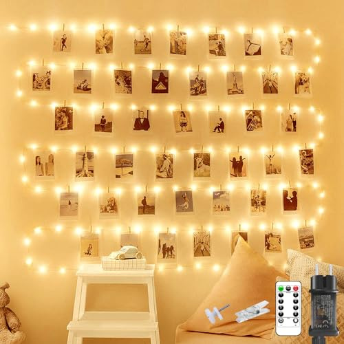 litogo Fotoclips Lichterkette für Zimmer Deko, 10M 100 LED Fotowand Lichterkette mit Steckdose und Fernbedienung, 8 Lichtmodi 60 Klammern Lichterkette Innen Außen Deko für Mädchen Geschenk Weihnachten