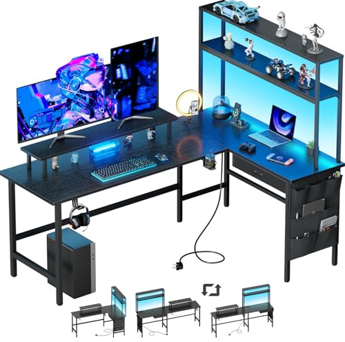 HLFURNIEU LED Bureau Gaming d'angle avec Rangement, 150 x 100 cm, Noir