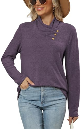 Famulily Tunic Sweatshirts for Women Long Sleeve Cowl Neck Jumpers with Buttons Soft Loose Fitted Pullover Shirt Tops