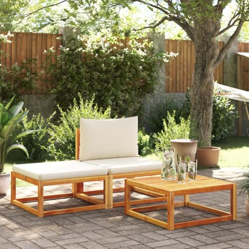 Teenpull 3-TLG. Gartensofa-Set Akazienholz & Rattan, Modulares Outdoor Loungesofa mit Cremefarbenen Kissen, Bequeme Sitzgruppe für Terrasse, Balkon & Garten