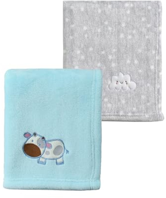 CREVENT 2 x 75 cm x 100 cm, niedliche, gemütliche, Flauschige, warme Babydecken für Säuglinge, Kleinkinder, Bettwäsche, Kinderbett, Kinderwagen – graue Wolke + Blaue Kuh